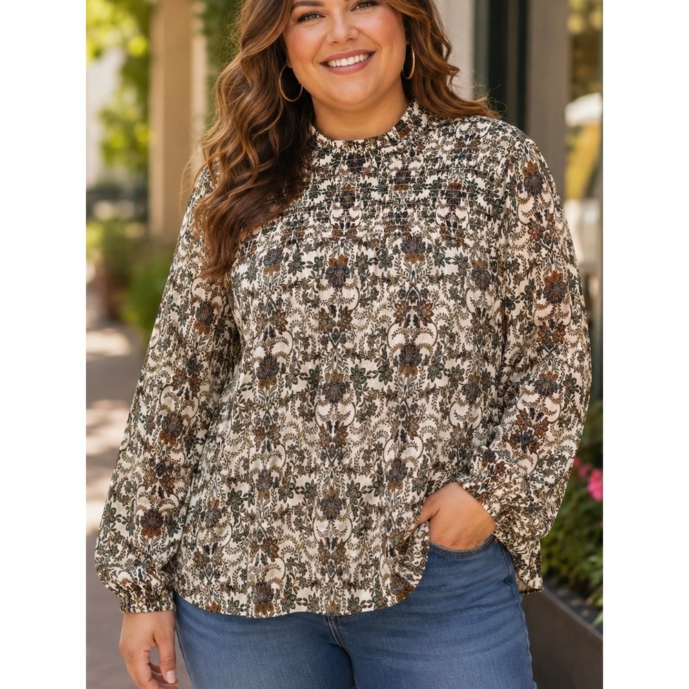 J. Jill‎ Womens Blouse Ivory Green Paisley Smocked Mock Neck 2X Floral Boho Top